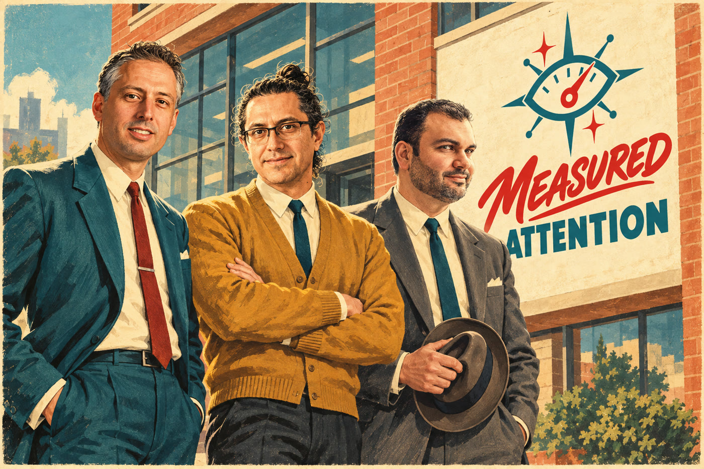 The three founders drawn in 1950s advertising style in front of the Measured Attention office sign