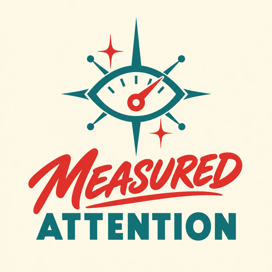Measured Attention logo: a starburst eye with a gauge needle, red script and teal block letters on cream