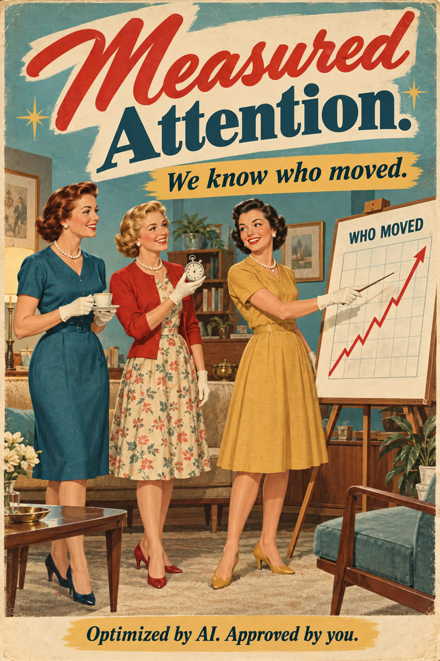 1950s style poster: three women in a mid-century living room point at a rising chart labeled Who Moved